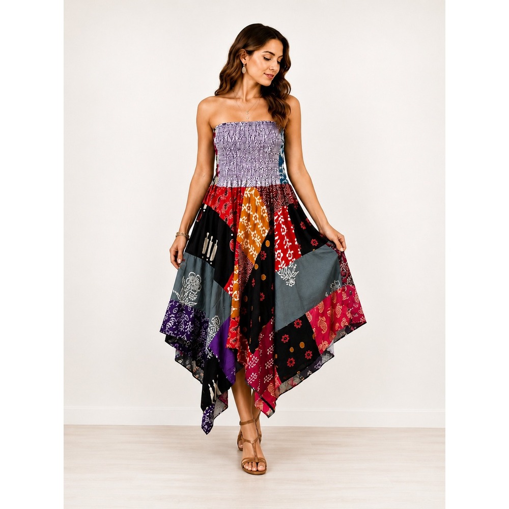 Ashley Taylor Boho Patchwork Handkerchief Tube Dress Women US 1X-2X Multicolor